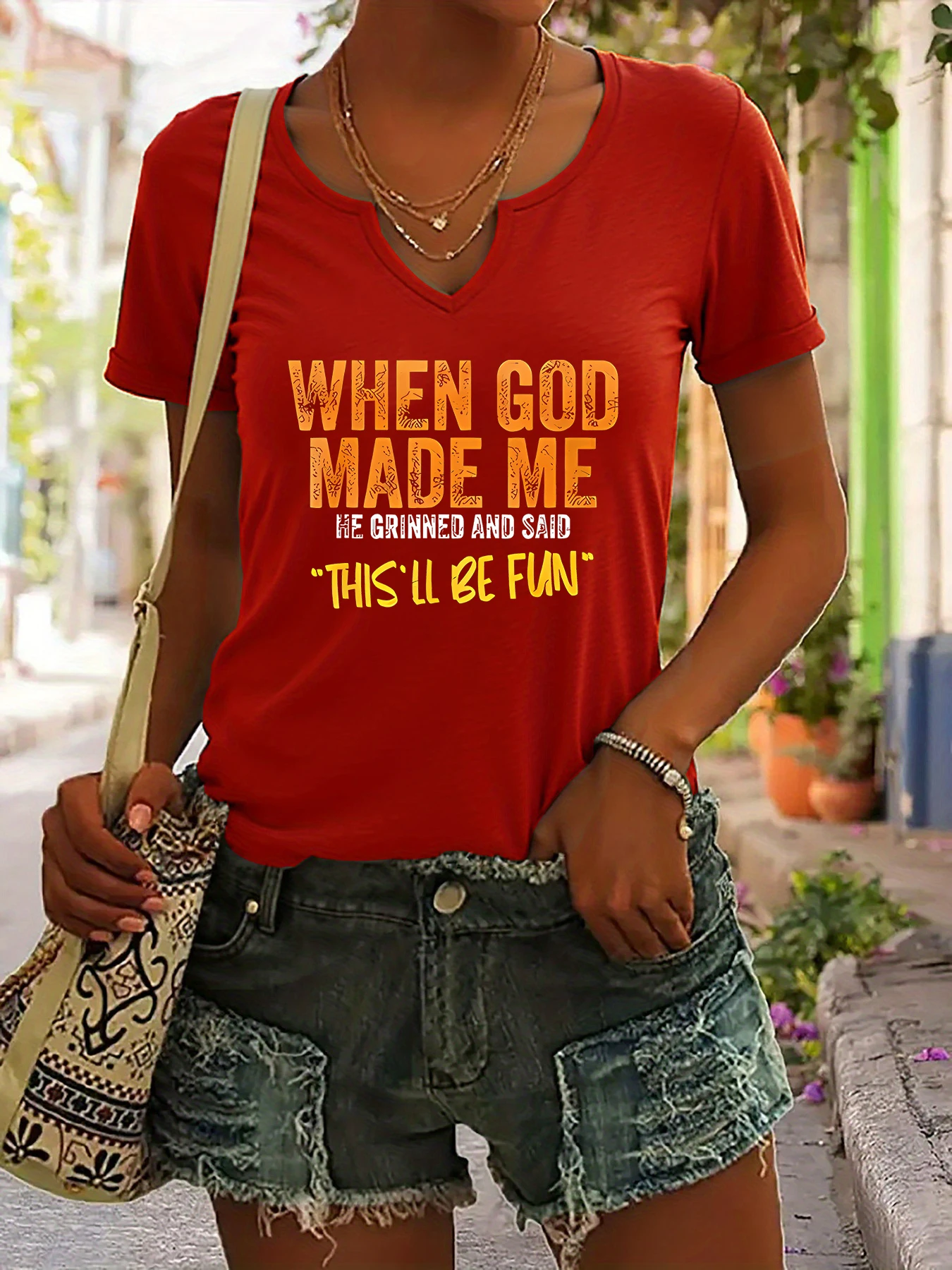 Women's Summer V-Neck Short Sleeve T-Shirt, "When God Made Me" Funny Slogan Print, Humorous Casual Fashion Top