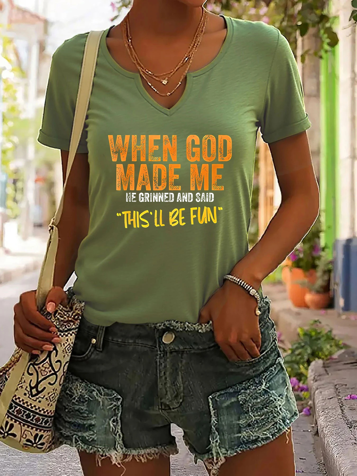 Women's Summer V-Neck Short Sleeve T-Shirt, "When God Made Me" Funny Slogan Print, Humorous Casual Fashion Top