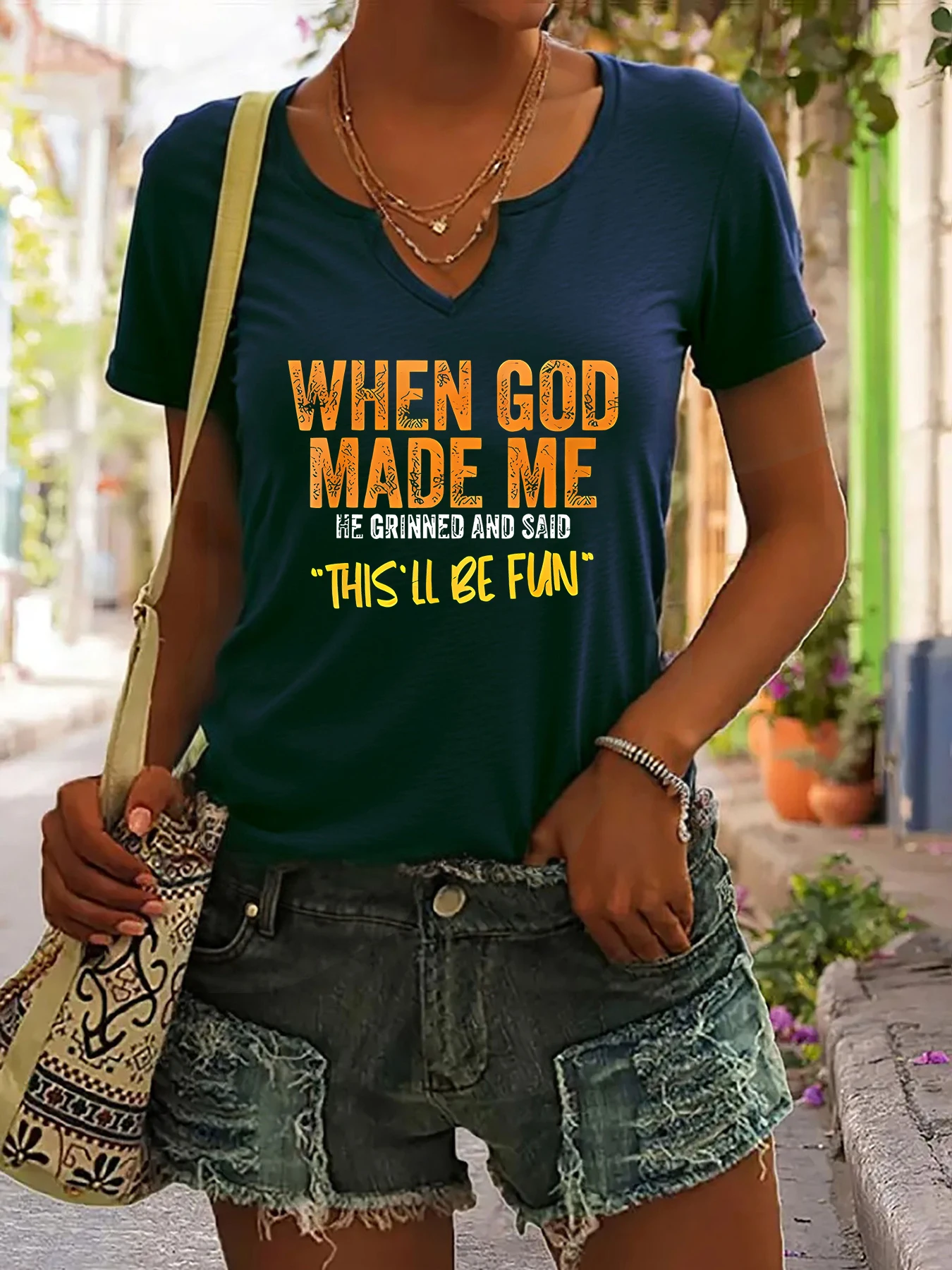 Women's Summer V-Neck Short Sleeve T-Shirt, "When God Made Me" Funny Slogan Print, Humorous Casual Fashion Top