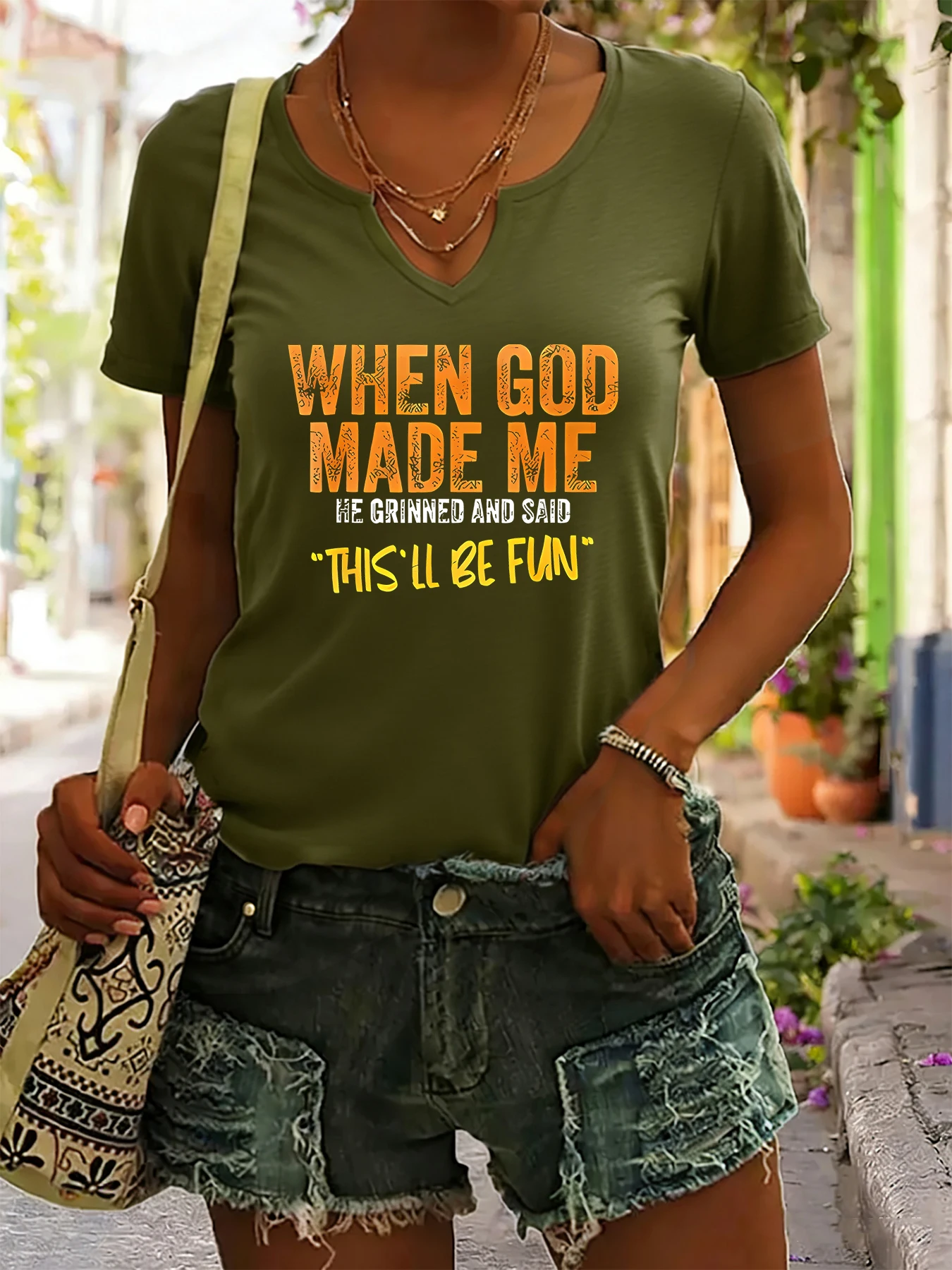 Women's Summer V-Neck Short Sleeve T-Shirt, "When God Made Me" Funny Slogan Print, Humorous Casual Fashion Top