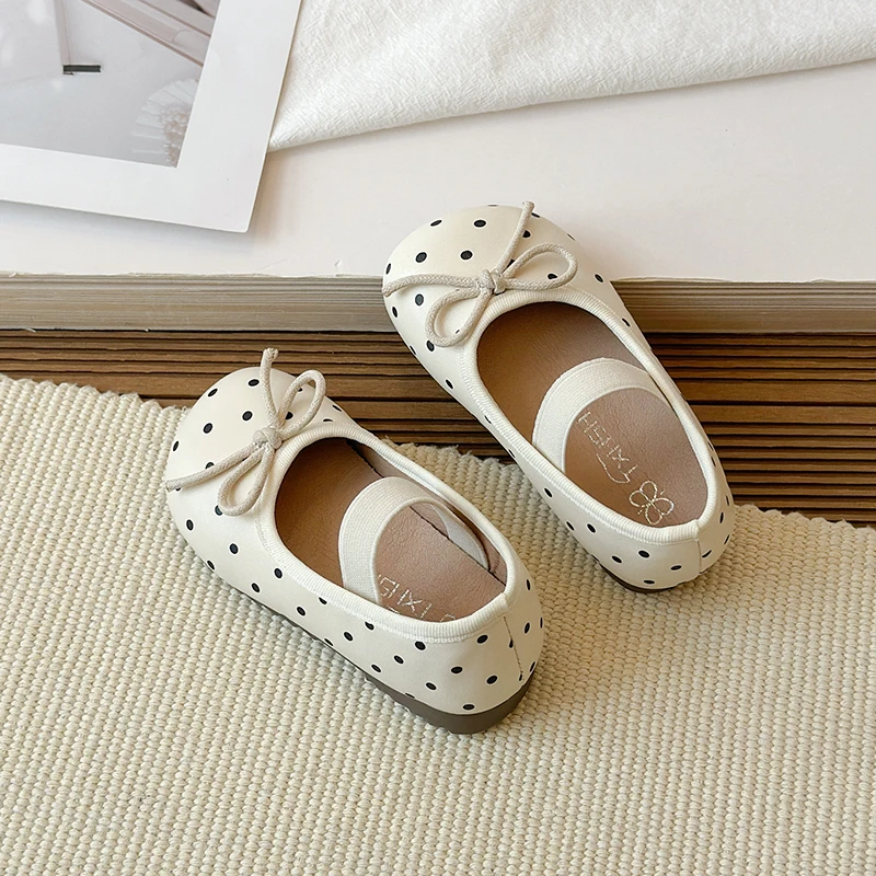 Spring Toddler Girls Polka Dot Mary Jane Shoes Adorable Kids Ballet Flats With Bowtie Princess Dress Shoes for Little Girls