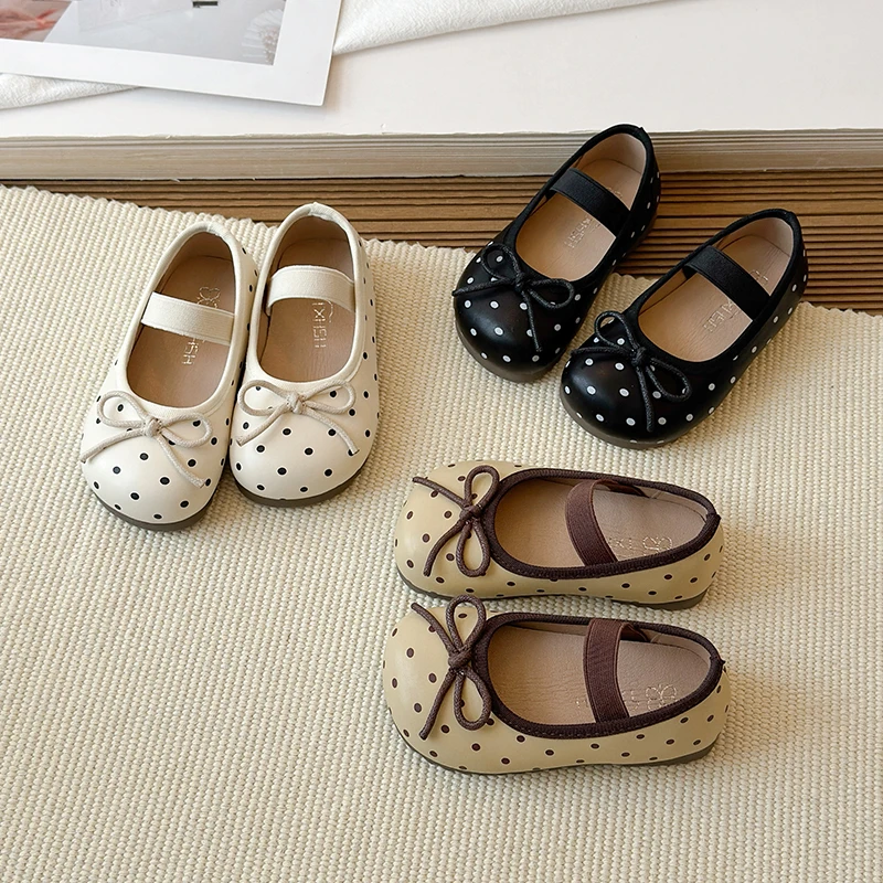 Spring Toddler Girls Polka Dot Mary Jane Shoes Adorable Kids Ballet Flats With Bowtie Princess Dress Shoes for Little Girls