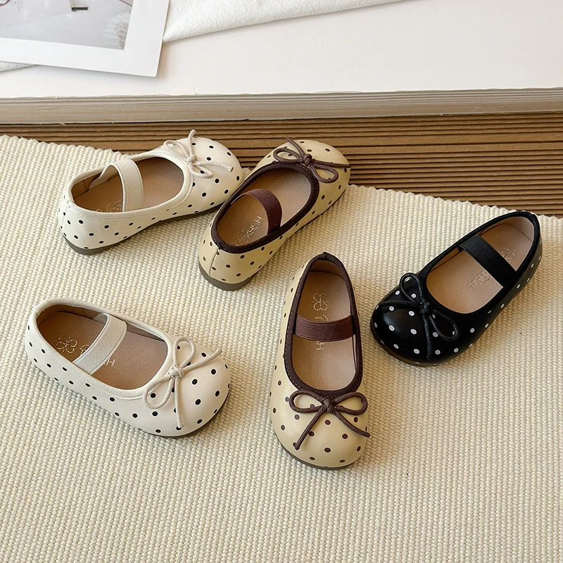 Spring Toddler Girls Polka Dot Mary Jane Shoes Adorable Kids Ballet Flats With Bowtie Princess Dress Shoes for Little Girls