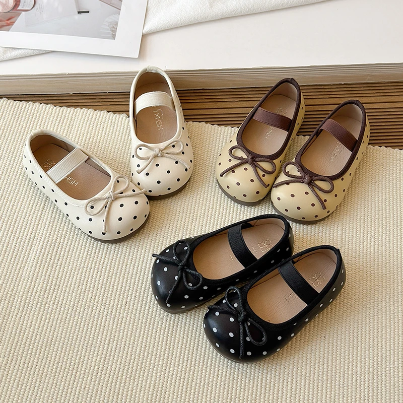 Spring Toddler Girls Polka Dot Mary Jane Shoes Adorable Kids Ballet Flats With Bowtie Princess Dress Shoes for Little Girls