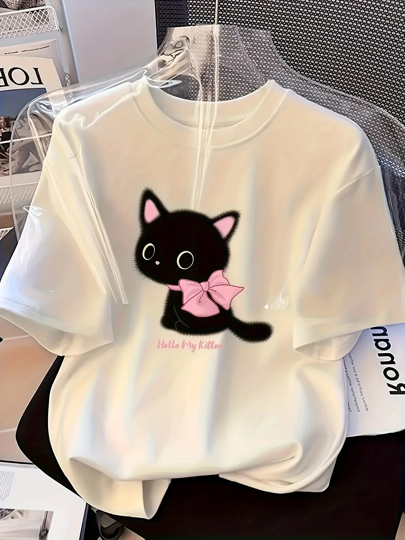 Cute Black Cat Pink Bow Graphic T Shirt Women Summer Casual Short Sleeve Crew Neck Loose Tee Kawaii Kitten Harajuku Top