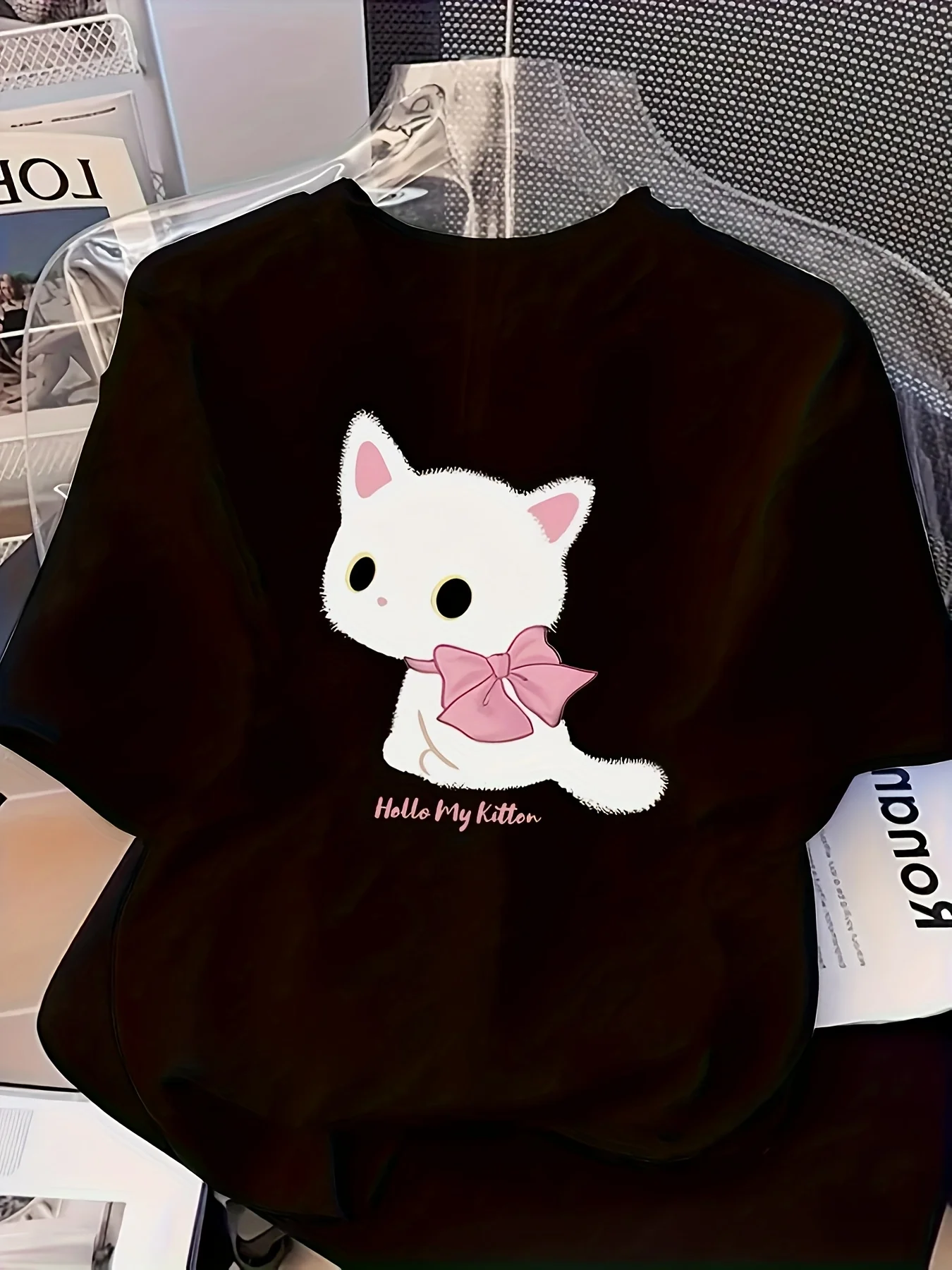 Cute Black Cat Pink Bow Graphic T Shirt Women Summer Casual Short Sleeve Crew Neck Loose Tee Kawaii Kitten Harajuku Top
