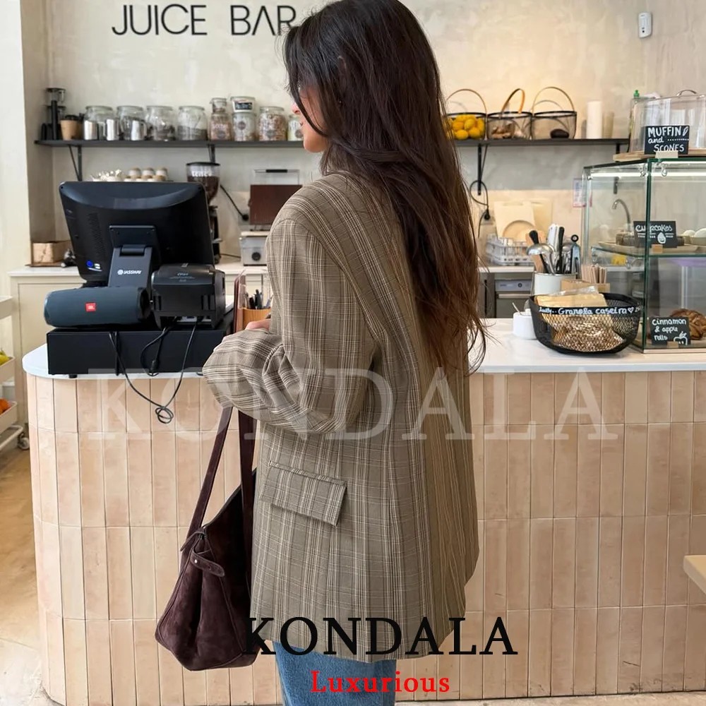 KONDALA Office Lady Chic Plaid Women Blazer Single Button Front Split Oversize Blazer Fashion 2026 Spring Summer Office Lady Top