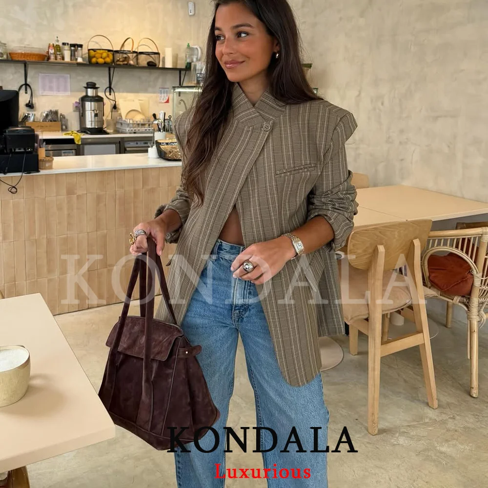 KONDALA Office Lady Chic Plaid Women Blazer Single Button Front Split Oversize Blazer Fashion 2026 Spring Summer Office Lady Top
