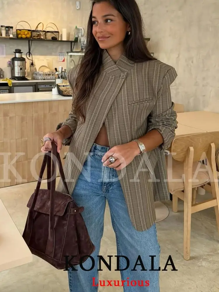 KONDALA Office Lady Chic Plaid Women Blazer Single Button Front Split Oversize Blazer Fashion 2026 Spring Summer Office Lady Top