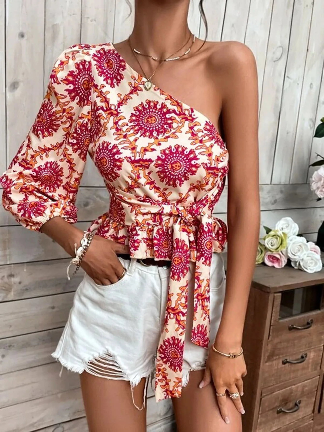 New printed single shoulder lantern sleeves with ruffled hem and drawstring shirt top for women