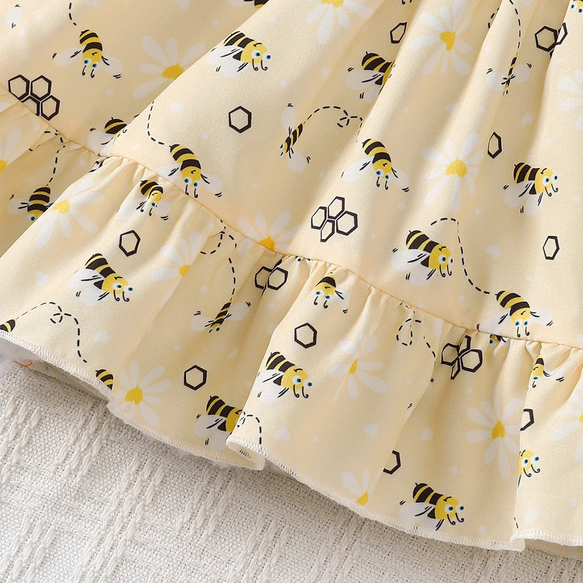 2PCS Dress Clothes Set Baby Girl Little Bee Printed Camisole Dress+Headband Summer Fashion Cute Wear for Infant Girl 0-3 Years