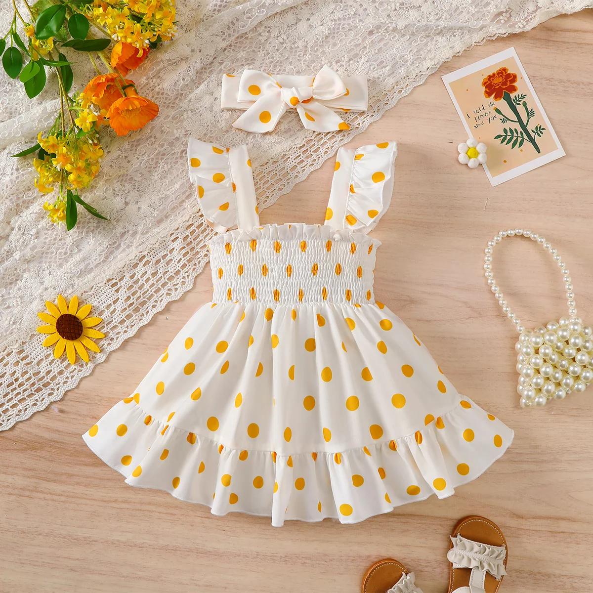 2PCS Dress Clothes Set Baby Girl Little Bee Printed Camisole Dress+Headband Summer Fashion Cute Wear for Infant Girl 0-3 Years