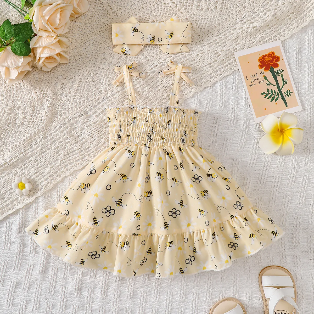 2PCS Dress Clothes Set Baby Girl Little Bee Printed Camisole Dress+Headband Summer Fashion Cute Wear for Infant Girl 0-3 Years