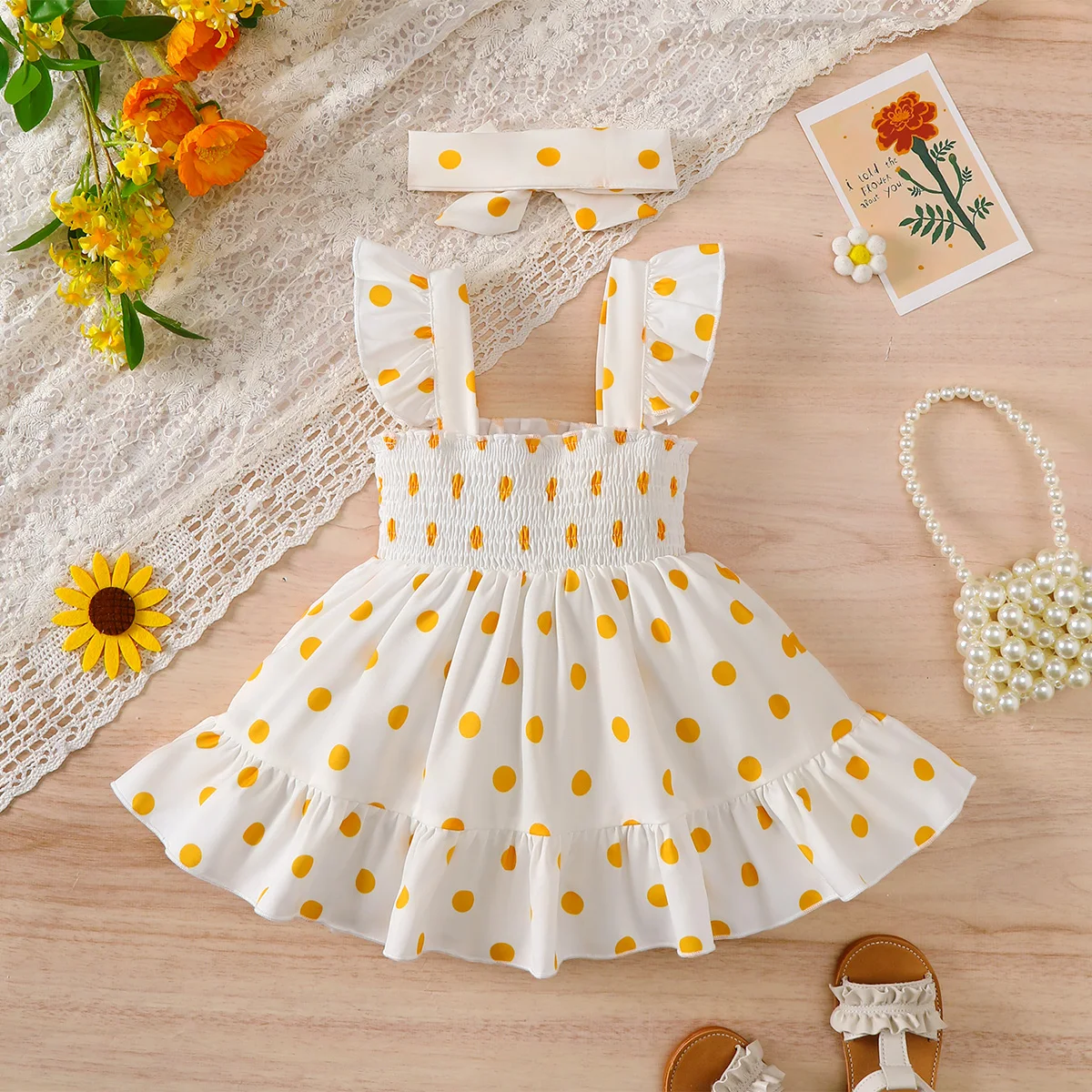 2PCS Dress Clothes Set Baby Girl Little Bee Printed Camisole Dress+Headband Summer Fashion Cute Wear for Infant Girl 0-3 Years