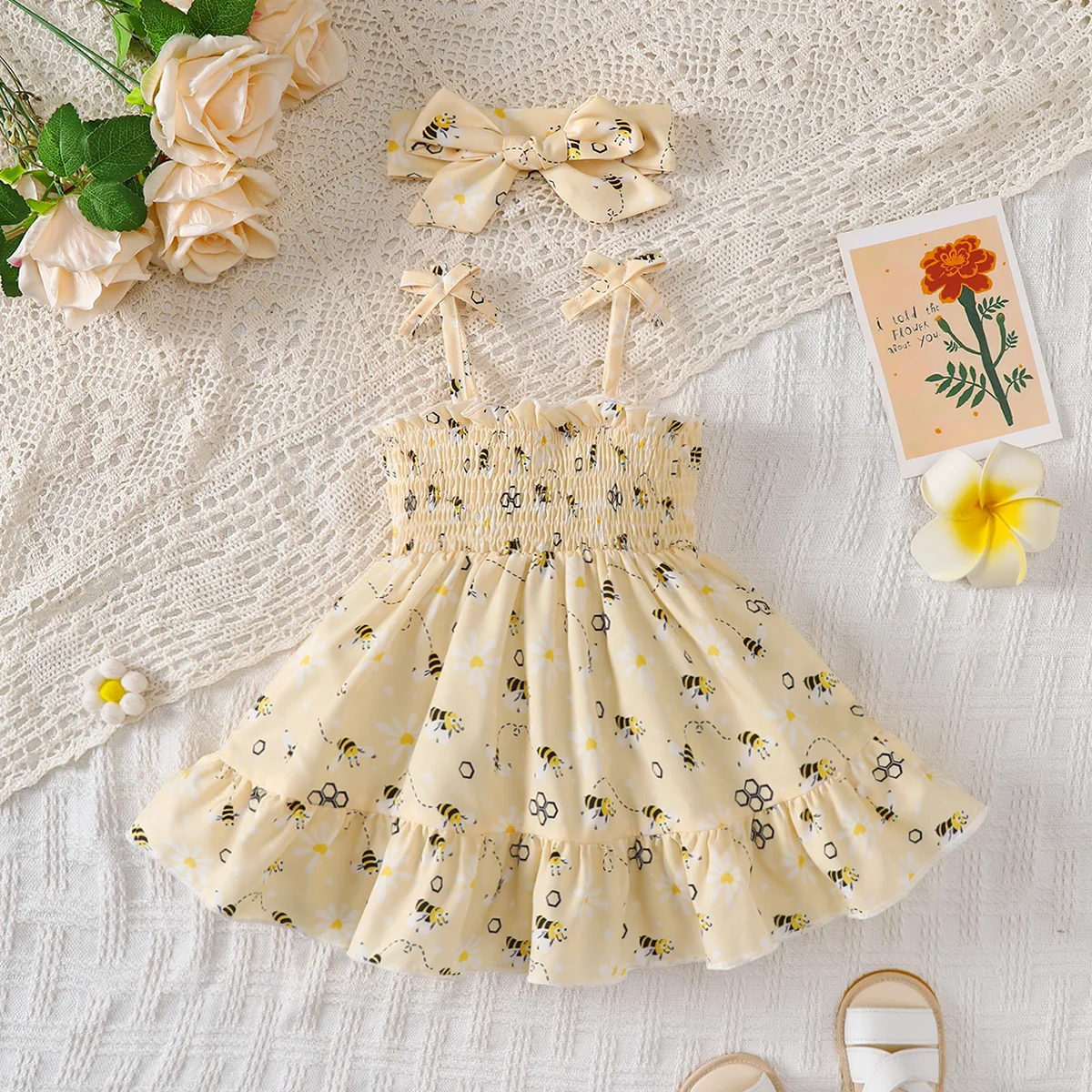2PCS Dress Clothes Set Baby Girl Little Bee Printed Camisole Dress+Headband Summer Fashion Cute Wear for Infant Girl 0-3 Years