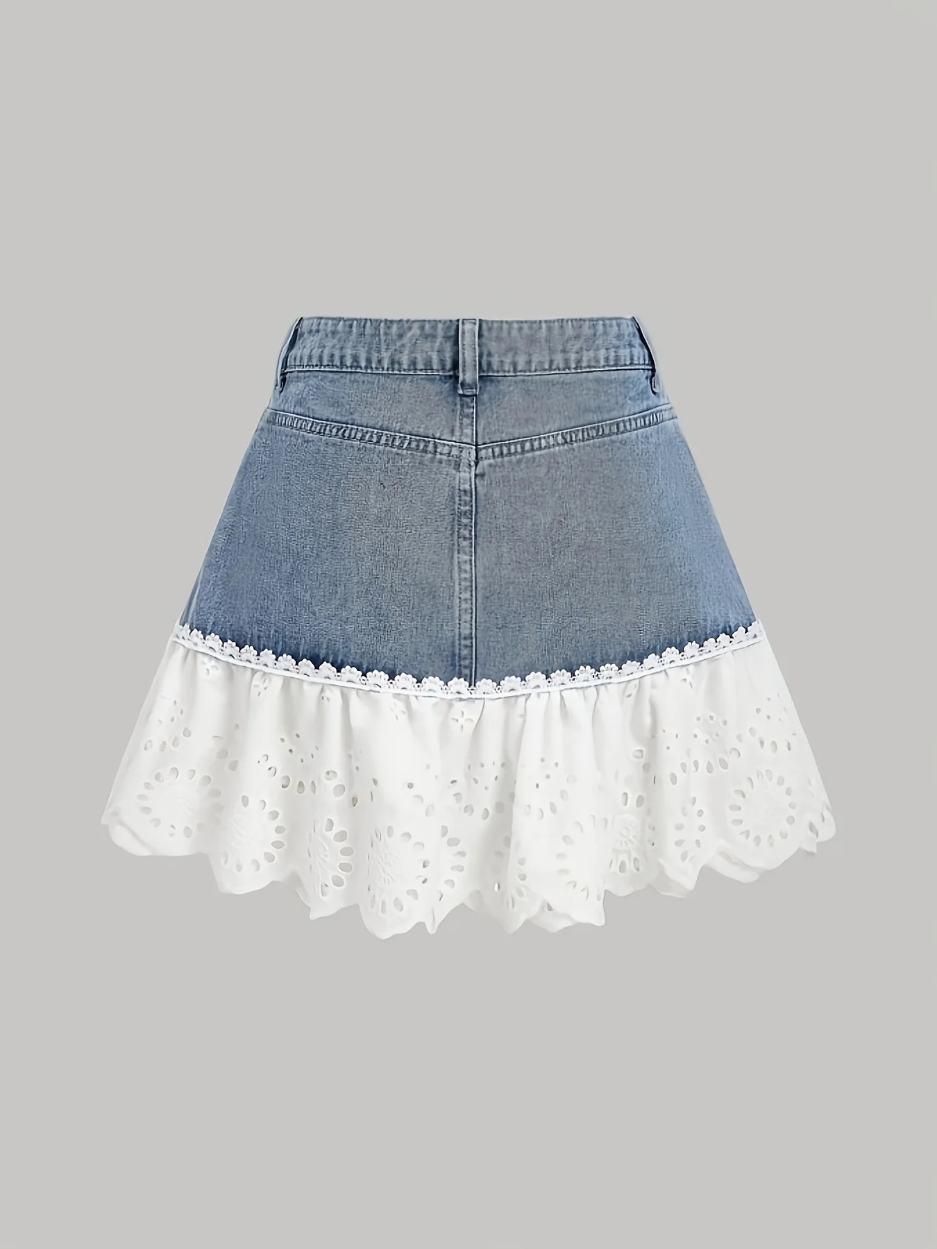 2026 New Women's Summer High Waist Denim Patchwork Lace Eyelet Ruffle Hem Mini Skirt Cute Y2K Streetwear A-Line Skirt