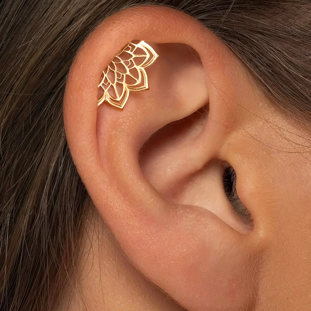 CANNER 925 Sterling Silver Hollow Lotus Flower Crown Flat Back Internal Thread Piercing Earring For Women INS Dainty Luxury