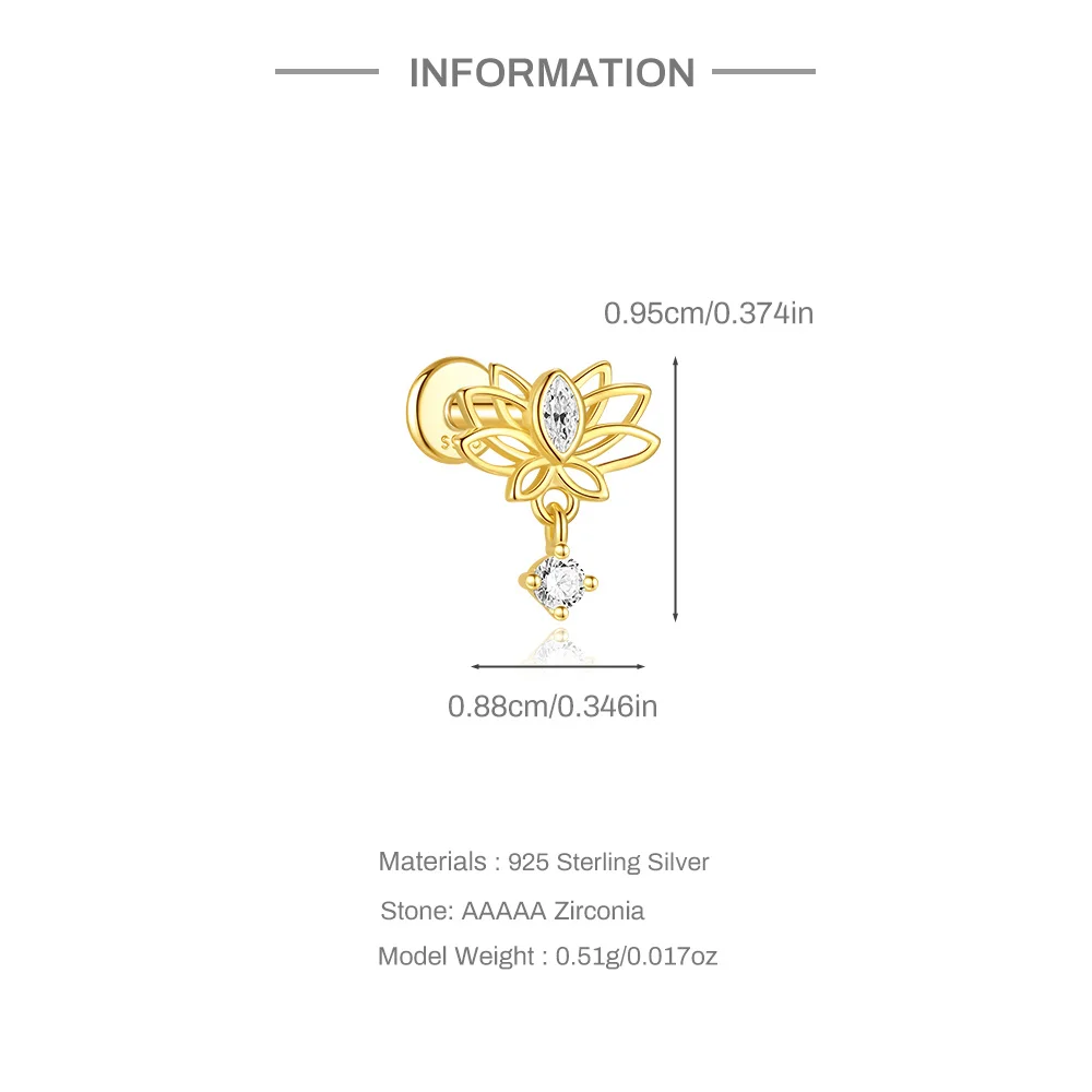 CANNER 925 Sterling Silver Hollow Lotus Flower Crown Flat Back Internal Thread Piercing Earring For Women INS Dainty Luxury