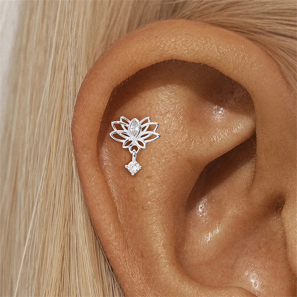 CANNER 925 Sterling Silver Hollow Lotus Flower Crown Flat Back Internal Thread Piercing Earring For Women INS Dainty Luxury