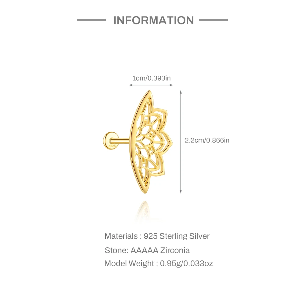 CANNER 925 Sterling Silver Hollow Lotus Flower Crown Flat Back Internal Thread Piercing Earring For Women INS Dainty Luxury