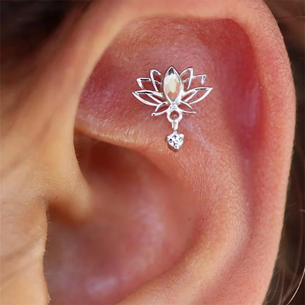 CANNER 925 Sterling Silver Hollow Lotus Flower Crown Flat Back Internal Thread Piercing Earring For Women INS Dainty Luxury