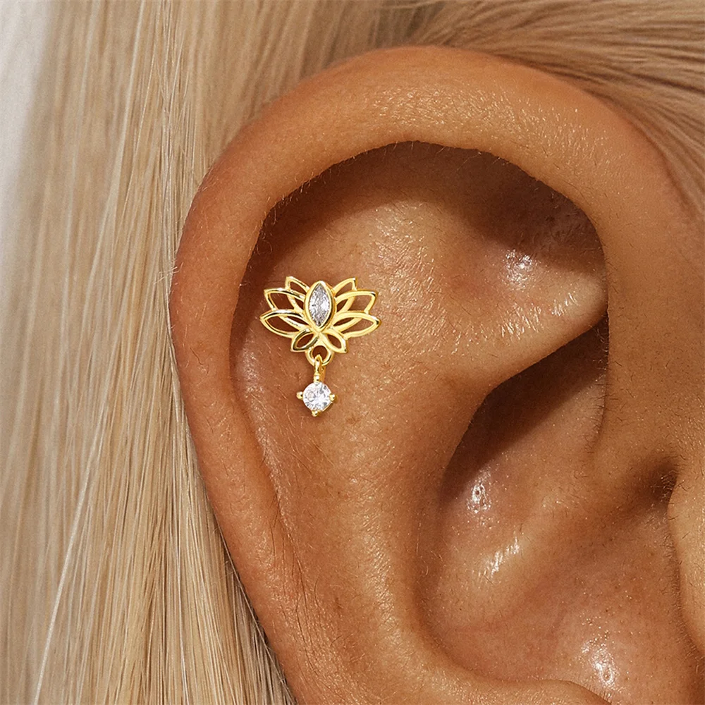 CANNER 925 Sterling Silver Hollow Lotus Flower Crown Flat Back Internal Thread Piercing Earring For Women INS Dainty Luxury