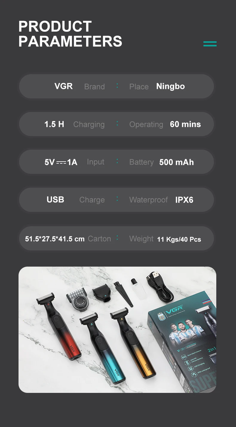 VGR new hair remover 3-in-1 hair trimming set gradient color household shaver IPX6 waterproof intelligent digital shaver V-361