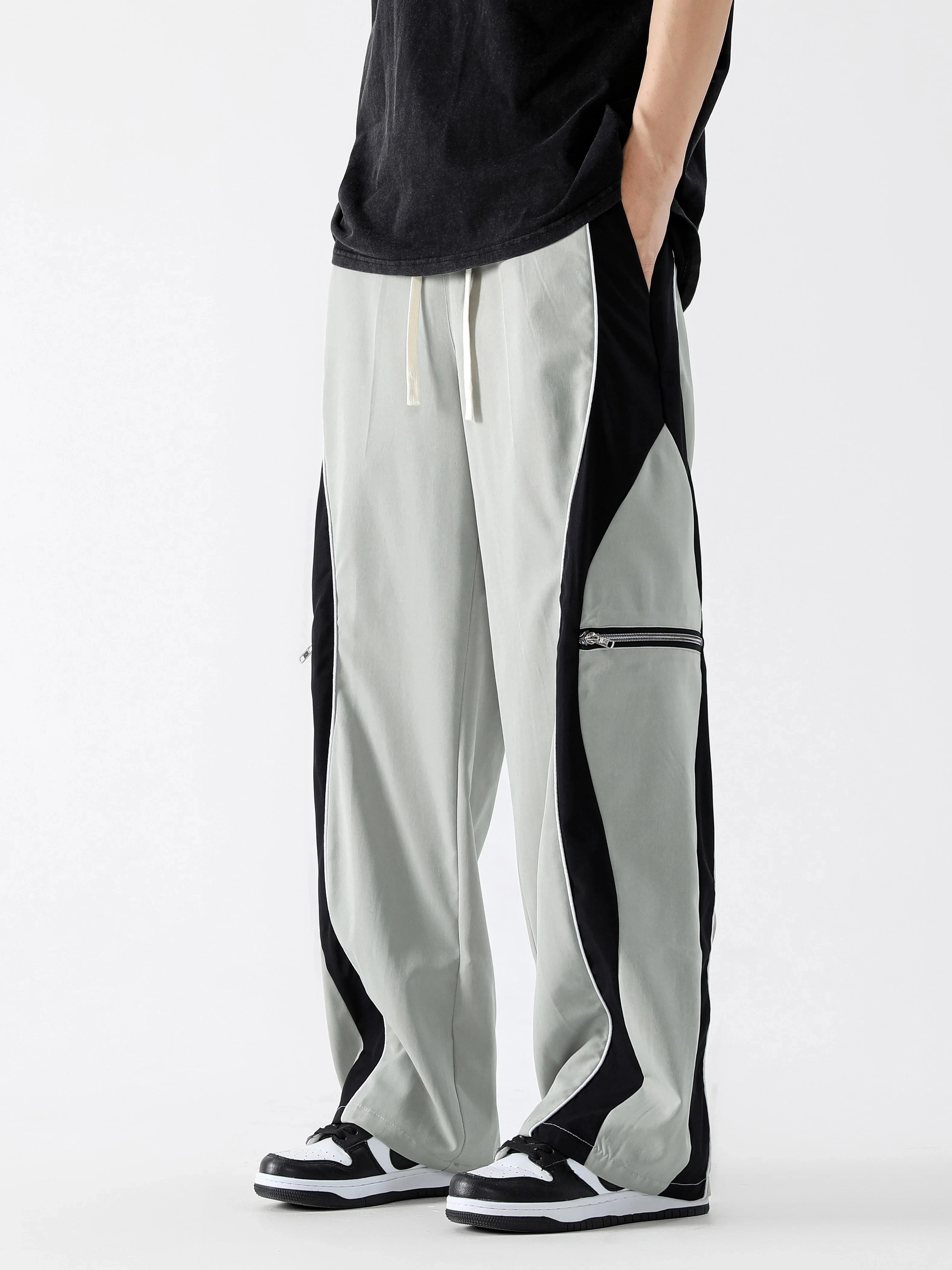 2026 Men's Lightweight Quick Dry Loose Fit Pants Light Block White Piping Zipper Pocket Drawstring Casual Streetwear Trousers