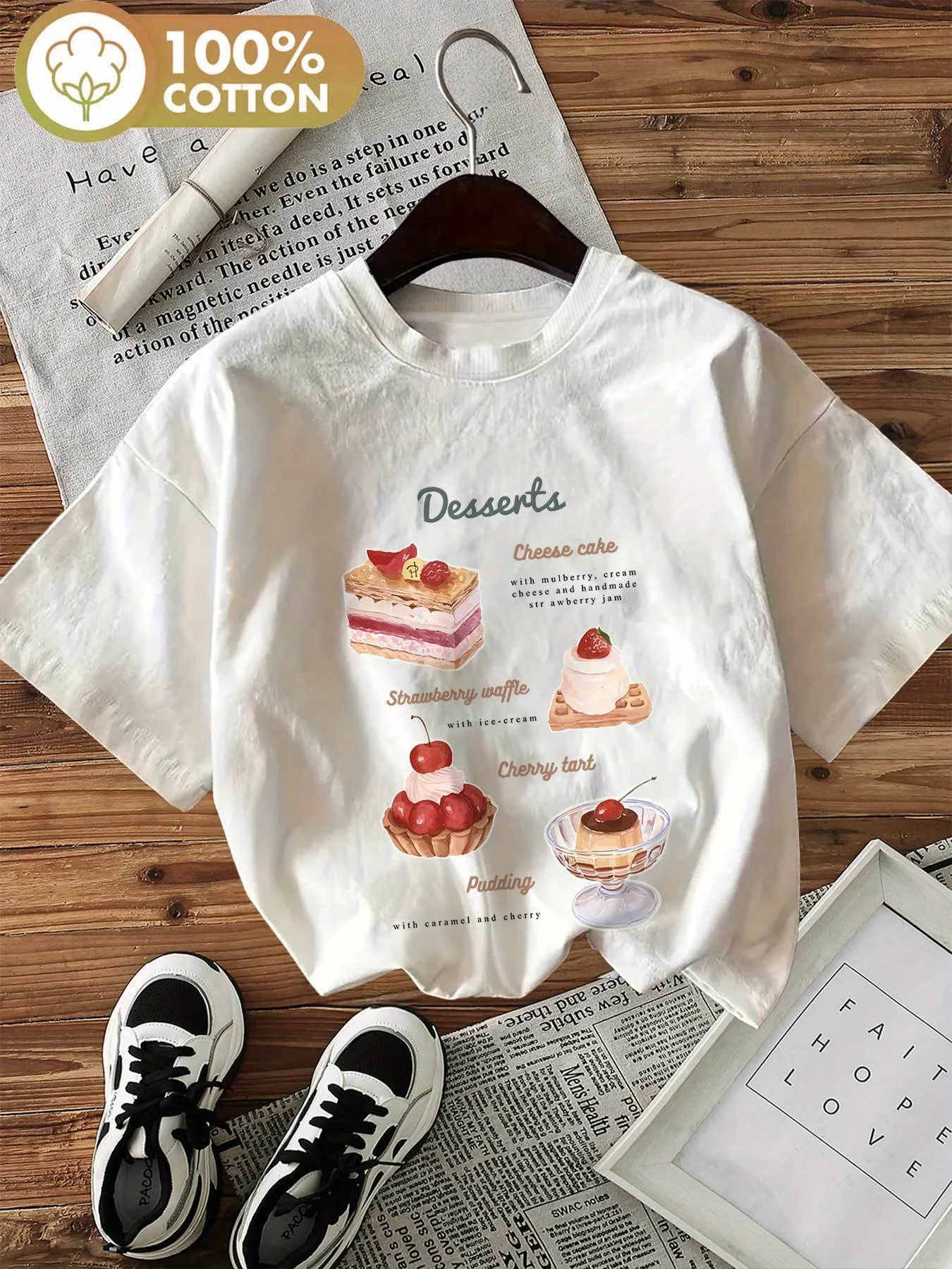 Delicate Style Dessert Cake, Cheesecake, Strawberry Waffle Printed T Shirt Short Sleeve Women T-Shirt Vintage Graphic Tops Tees