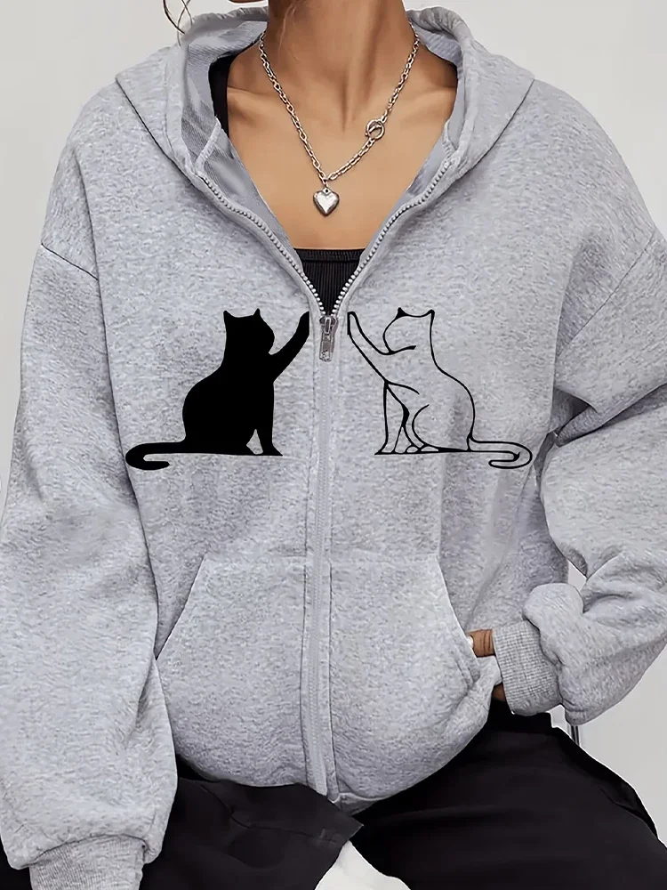 Harajuku Women's Sweatshirts Long Sleeve Zip-Up Casual Jacket with Cat Prints, Suitable for All Seasons Women'S Apparel Hoodie