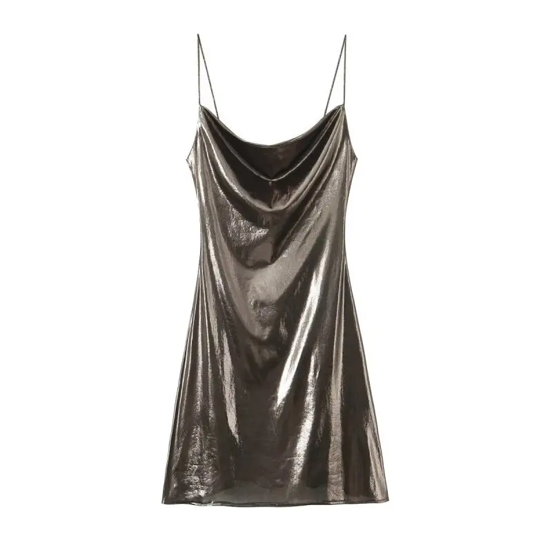 2026 Women's Summer Shiny Gold Silver Slip Dress, Slim Fit Thin Strap Mini Dress, Perfect for Party, Club and Night Out