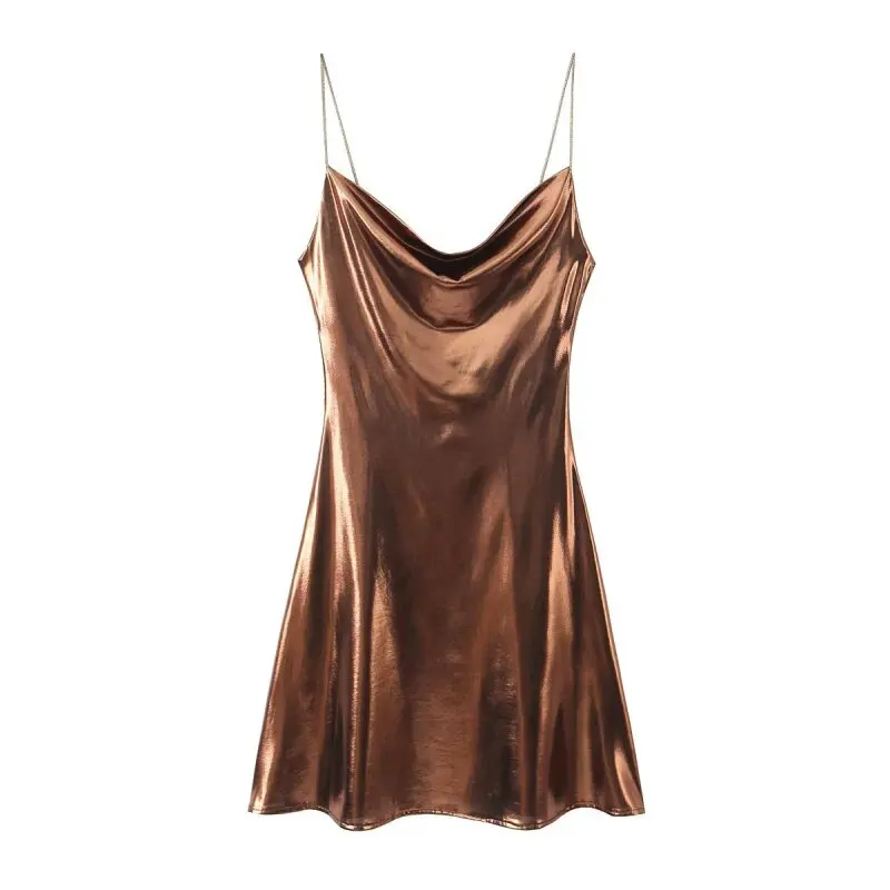 2026 Women's Summer Shiny Gold Silver Slip Dress, Slim Fit Thin Strap Mini Dress, Perfect for Party, Club and Night Out
