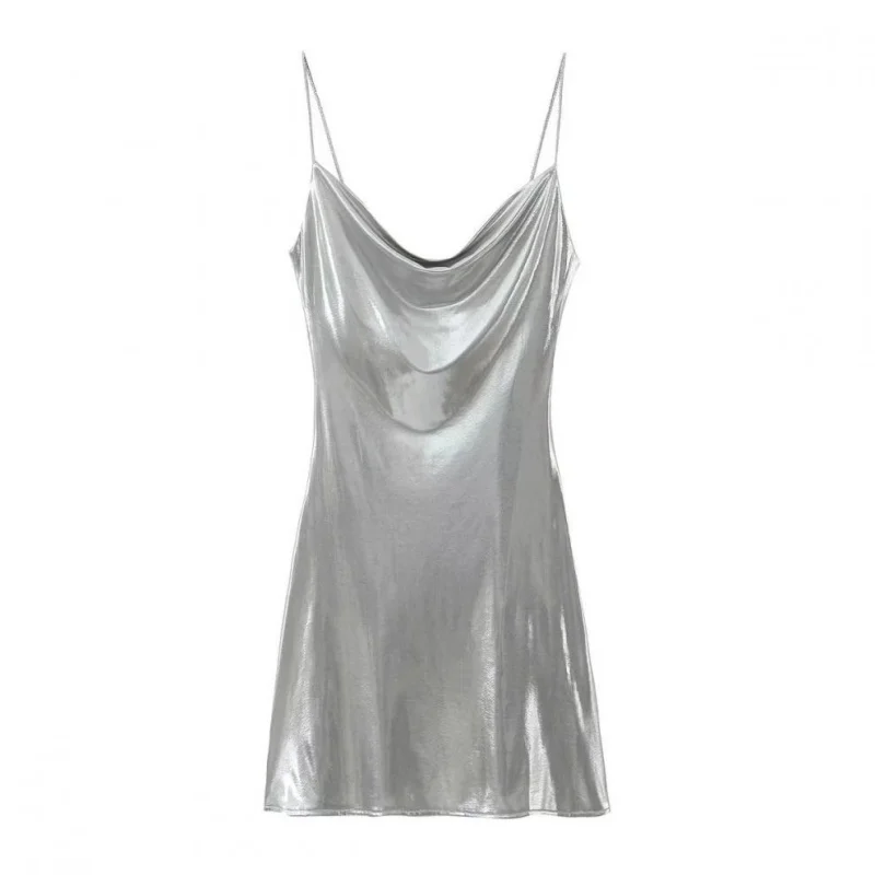 2026 Women's Summer Shiny Gold Silver Slip Dress, Slim Fit Thin Strap Mini Dress, Perfect for Party, Club and Night Out