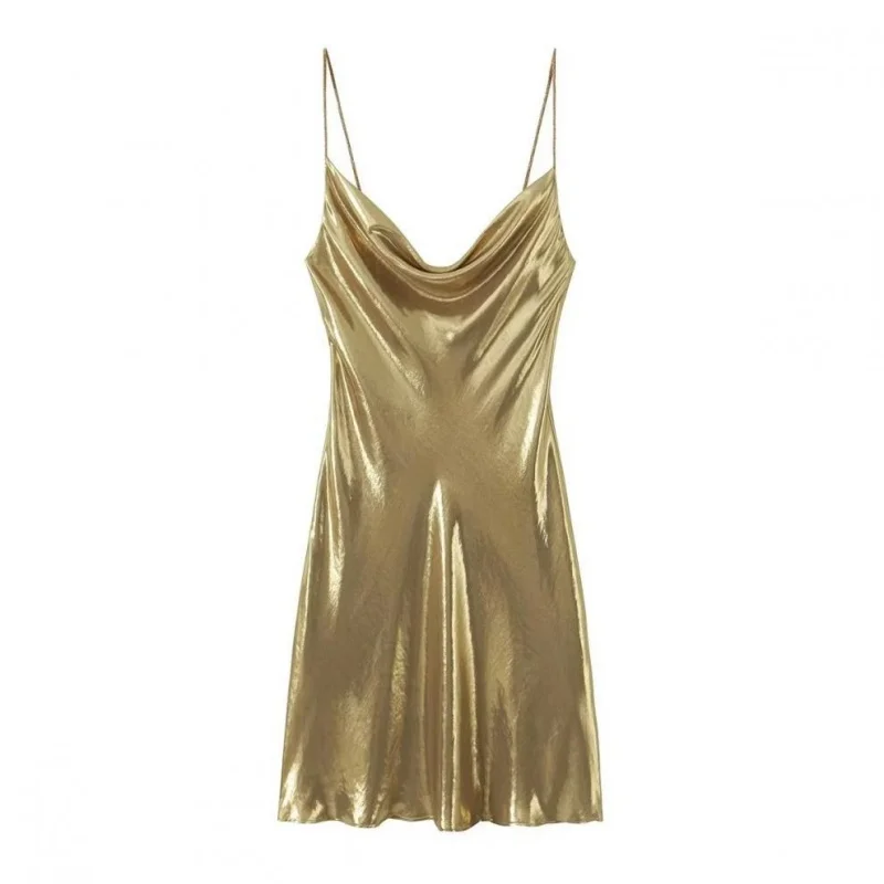 2026 Women's Summer Shiny Gold Silver Slip Dress, Slim Fit Thin Strap Mini Dress, Perfect for Party, Club and Night Out