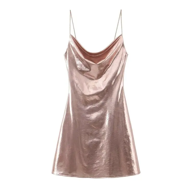 2026 Women's Summer Shiny Gold Silver Slip Dress, Slim Fit Thin Strap Mini Dress, Perfect for Party, Club and Night Out