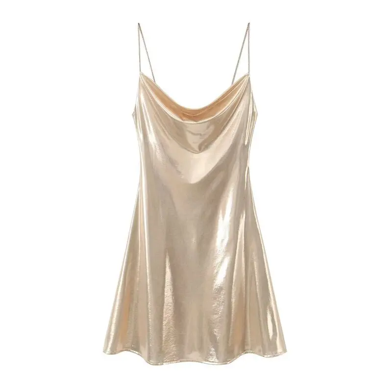 2026 Women's Summer Shiny Gold Silver Slip Dress, Slim Fit Thin Strap Mini Dress, Perfect for Party, Club and Night Out