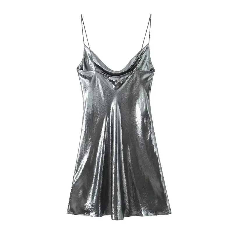 2026 Women's Summer Shiny Gold Silver Slip Dress, Slim Fit Thin Strap Mini Dress, Perfect for Party, Club and Night Out