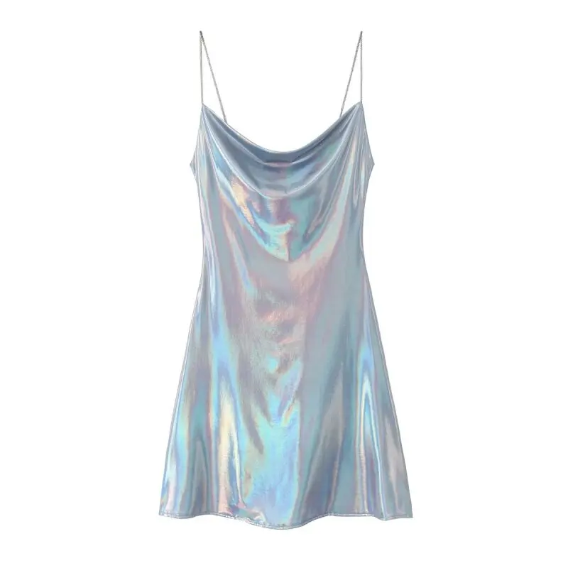 2026 Women's Summer Shiny Gold Silver Slip Dress, Slim Fit Thin Strap Mini Dress, Perfect for Party, Club and Night Out
