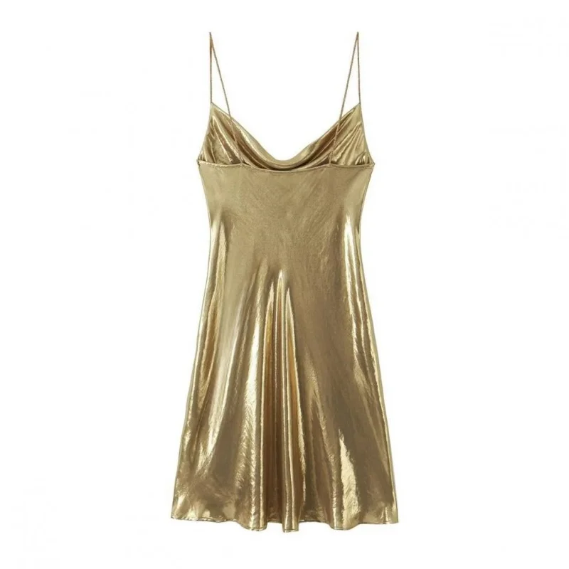 2026 Women's Summer Shiny Gold Silver Slip Dress, Slim Fit Thin Strap Mini Dress, Perfect for Party, Club and Night Out
