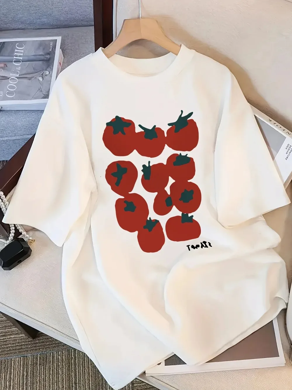 Cute Tomato Print T-Shirt Women Short Sleeve Tee Natural Fruit Graphic Top Fashion Casual Harajuku Kawaii T-shirt Y2K Clothing 