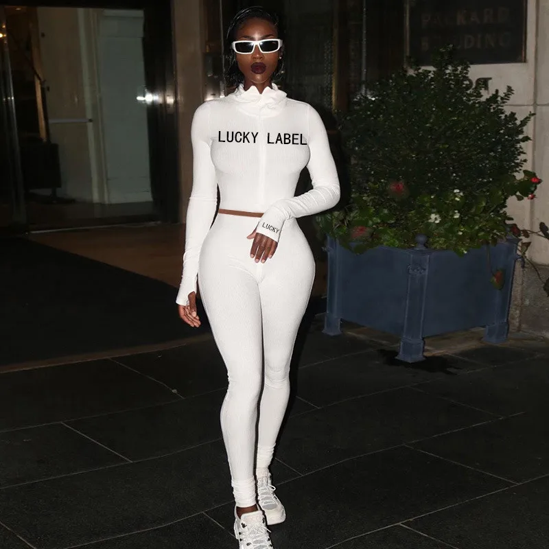 2026 Women's High-Necked 2-Piece Sport Suit with Embroidered Letters And Zipper Detail