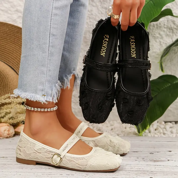 Sweet Women's Lace Floral Mary Jane Flats Square Toe Buckle Strap Slip on Casual Walking Shoes