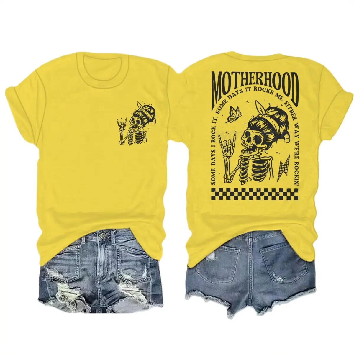 Motherhood T-shirts Vintage Skeleton Rock Mama Life Streetwear Casual Short Sleeve Women's Tshirts Gifts
