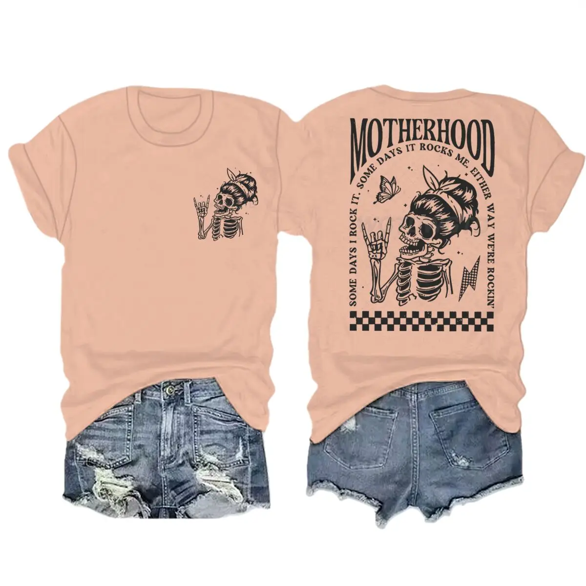 Motherhood T-shirts Vintage Skeleton Rock Mama Life Streetwear Casual Short Sleeve Women's Tshirts Gifts