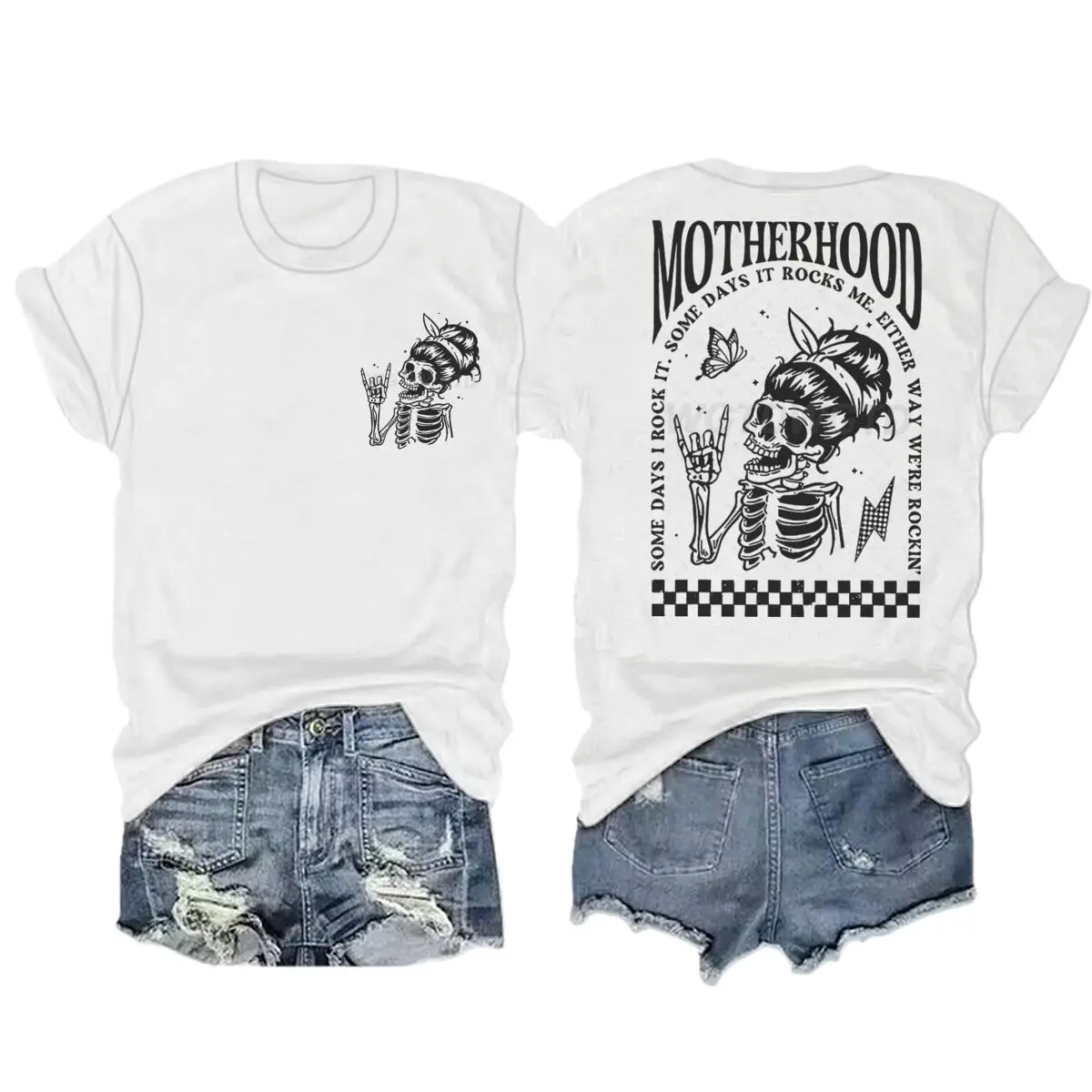 Motherhood T-shirts Vintage Skeleton Rock Mama Life Streetwear Casual Short Sleeve Women's Tshirts Gifts