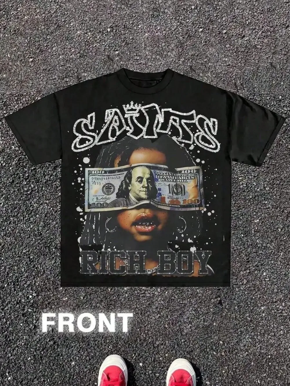 Trendy Men's Summer Gothic Wealth Cartoon Letter Printed Comfortable Breathable Round Neck T-shirt Outdoor Street Top