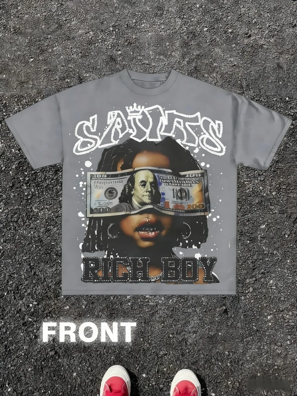 Trendy Men's Summer Gothic Wealth Cartoon Letter Printed Comfortable Breathable Round Neck T-shirt Outdoor Street Top