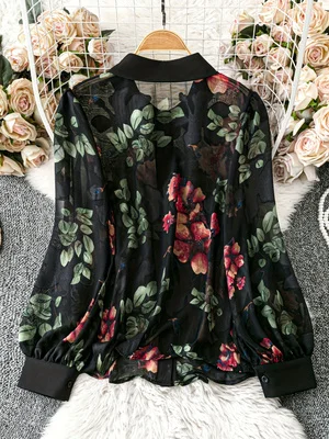 2026 Spring New Vintage Ink Floral Print Turn-Down Collar Shirt Women's Loose Lantern Sleeve Sheer Chiffon Blouse for Work and Date Elegant Top