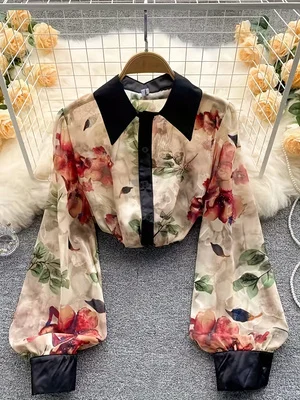 2026 Spring New Vintage Ink Floral Print Turn-Down Collar Shirt Women's Loose Lantern Sleeve Sheer Chiffon Blouse for Work and Date Elegant Top