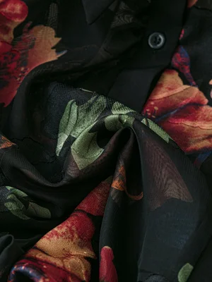 2026 Spring New Vintage Ink Floral Print Turn-Down Collar Shirt Women's Loose Lantern Sleeve Sheer Chiffon Blouse for Work and Date Elegant Top